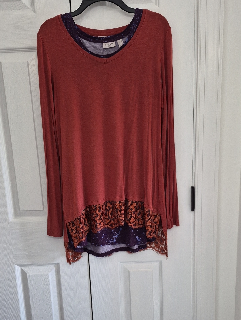 LOGO by Lori Goldstein Rust Long Sleeve Top with Lace Hem and Purple Underlayer